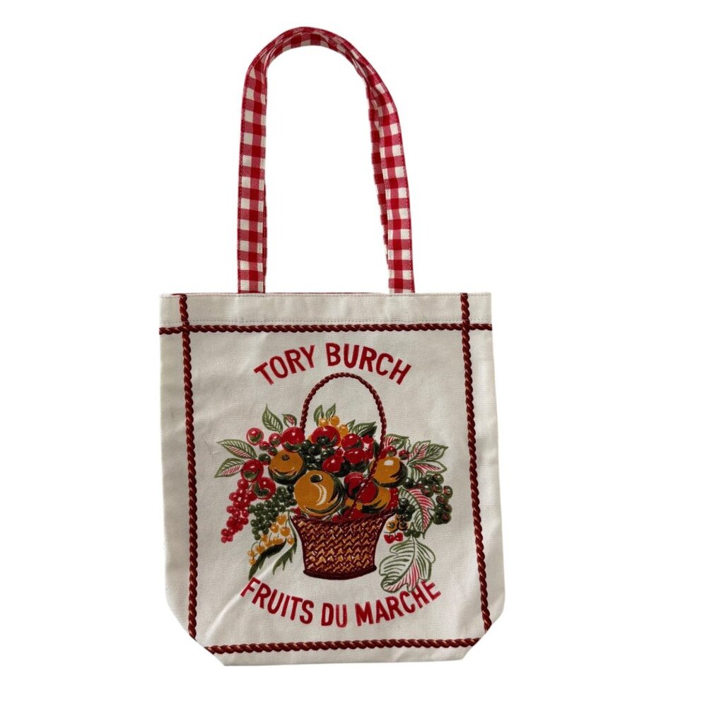 Tory Burch Red Fruits de Marche Plaid Gingham Market Tote Shopping Canvas Bag - Picture 16 of 16
